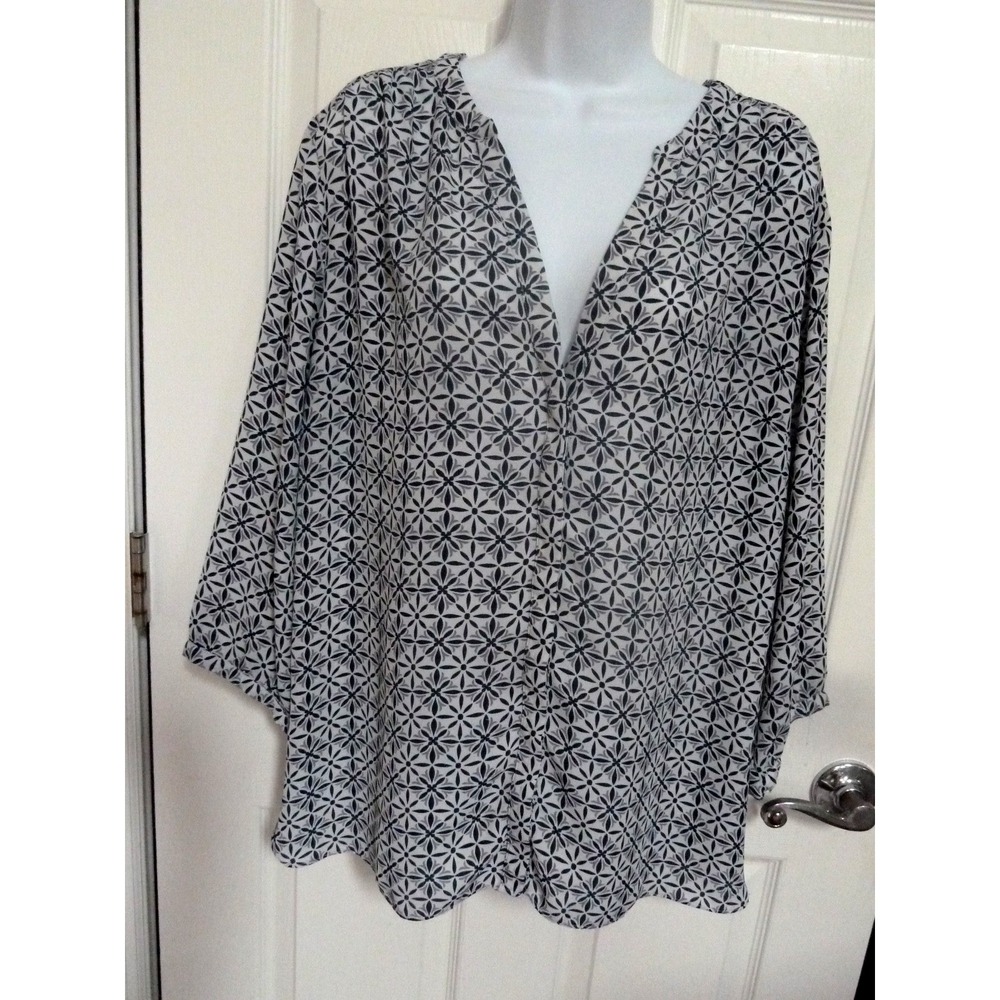 NYDJ Plus Size 3X Career Office Blouse Navy Gray Floral V-Neck Balloon Sleeve